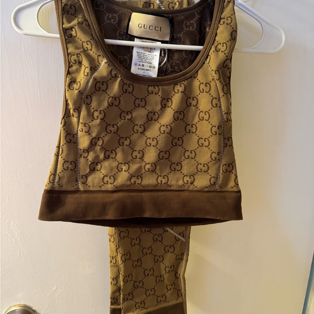 Gucci Brown Monogram Crop Top and Leggings Set